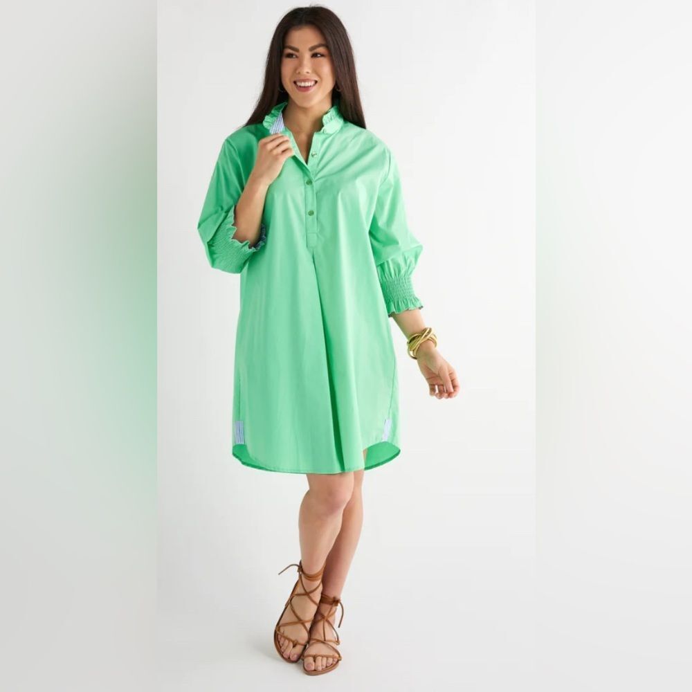 CARYN LAWN preppy dress in green ruffle collar smoke cuff with pink stripes